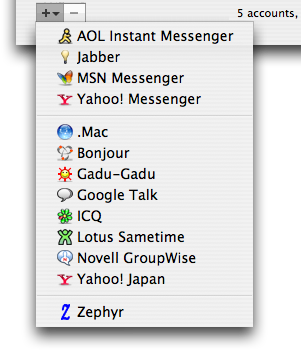 The Add Account pull-down menu in Adium's Preferences panel, showing the list of available services.